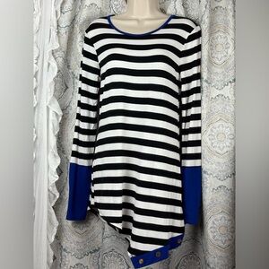 42 Pops Black White Stripe Asymmetrical Tunic Top Royal Blue Cuffs Med